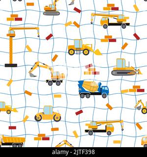 Joli modèle sans couture puéril avec camion de décharge de voiture jaune, grue, mélangeur de béton. Illustration du chantier de construction en style dessin animé. Illustration de Vecteur