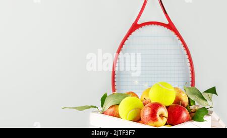 Composition de tennis avec balles de tennis jaunes, pommes dans une boîte en bois blanc et raquette de tennis rouge sur fond bleu avec espace de copie. Concept de Healt Banque D'Images