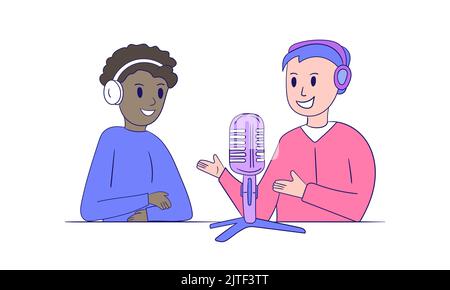 Deux hommes parlent de streaming en direct. Concept de podcast en studio. Personnes dans le casque d'écoute lors d'entretiens, de diffusion, d'enregistrement audio. Les hommes noirs et blancs Illustration de Vecteur