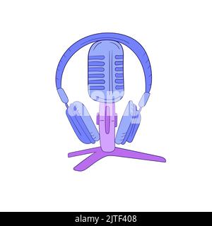 Microphone et casque, concept de podcast, illustration vectorielle en blanc. Icône dessinée à la main dans des couleurs modernes Illustration de Vecteur