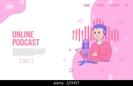 Bandeau Web de podcast ou de contenu audio ou modèle de page d'arrivée. Illustration vectorielle plate de la roue à podcaster avec microphone. Formes abstraites, fond rose Illustration de Vecteur