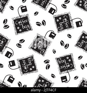 Fond de panier à café et motif vectoriel de grains sans couture. Toile de fond noir blanc avec sachets de lattes fraîchement brassées jetables, americanos. Grunge Illustration de Vecteur