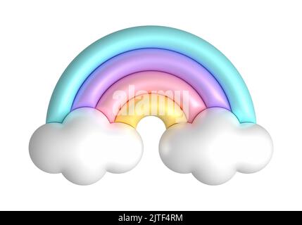 3d arcs-en-ciel de couleur pastel jaune, rose, violet, bleu. Arc-en-ciel en plastique mignon avec nuages. 3d illustration du ressort de rendu adaptée à la décoration Banque D'Images