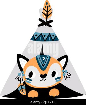 Renard mignon en tente amérindienne. Imprimé animal en tipi Illustration de Vecteur