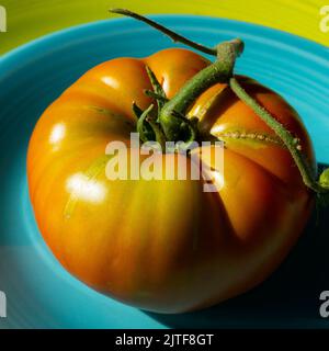 Il s'agit d'une photo macro d'un beefsteak tomate coloré de mon jardin. J'ai utilisé un éclairage spécial pour faire ressortir les couleurs et textures vives. Banque D'Images