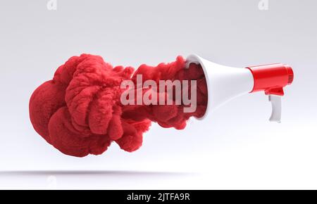 mégaphone rouge et blanc d'où la fumée rouge s'échappe. 3d rendu Banque D'Images