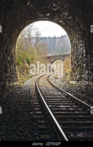 Sortie du tunnel en pierre du train Vintage avec vue sur un pont en pierre Banque D'Images