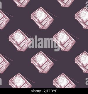Motif rétro gravé sans couture. Téléviseur d'époque avec antenne dessinée à la main. Texture d'esquisse pour tissu, papier peint, textile, imprimé, titre, Illustration de Vecteur