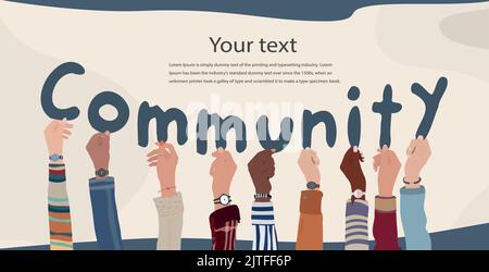 Groupe de personnes diverses et multiculturelles avec des mains en main tenant des lettres formant du texte -Communauté- diversité personnes. Communauté de travail d'équipe. Une culture diversifiée Illustration de Vecteur