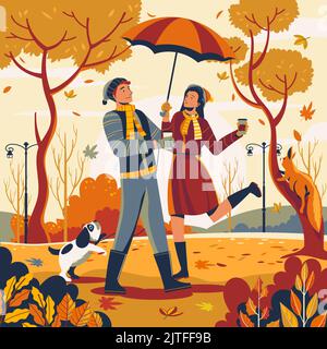 Illustration de célébration d'automne plate, garçon et fille marchant avec le café dans leurs mains sous un parapluie illustration vectorielle Illustration de Vecteur