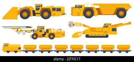 Machines d'exploitation minière pour carrières isométriques, chariot d'exploitation minière à vue latérale, souterrain, chariot de chemin de fer, engin de forage de tunnels, camion d'exploitation minière souterraine et auto-chargeuse Illustration de Vecteur
