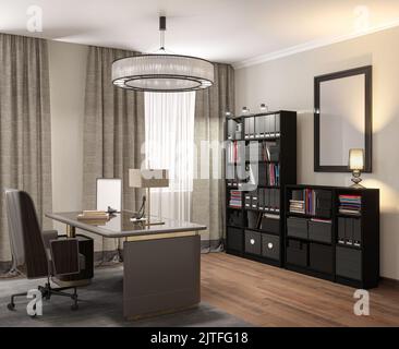 3d illustration. Intérieur confortable du salon. Travail à distance et travail à domicile. Bureau à domicile. Banque D'Images
