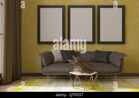 canapé dans la salle de séjour avec une fenêtre, une photo et de la moquette, un mur jaune. 3d rendu Banque D'Images
