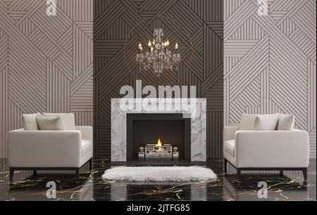 3d illustration. Salon élégant, hall, restaurant avec cheminée et sol en marbre, deux fauteuils, lustre. 3d rendu de la pièce. Banque D'Images
