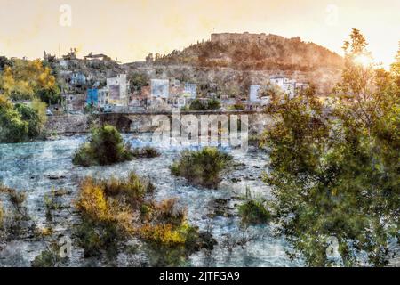 Vue sur le pont et la forteresse au coucher du soleil depuis la rivière Geksu à Silifke, Turquie Banque D'Images