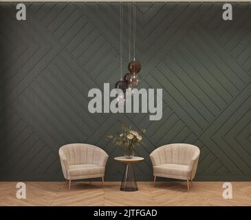 Intérieur moderne avec deux fauteuils en velours, panneau décoratif vert foncé au mur. Deux chaises en velours et une table basse. parquet. 3D rendu Banque D'Images