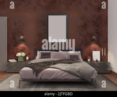 chambre avec mur brun et or, affiche, sconce, moquette, lit principal, décoration, tables de chevet, parquet, moderne, loft, 3D rendu Banque D'Images