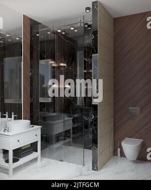 3d illustration. Salle de bains moderne et sombre avec toilettes et douche, finitions en marbre noir et blanc, briques de grès. Feux de voie, suspensions, cabine de douche Banque D'Images