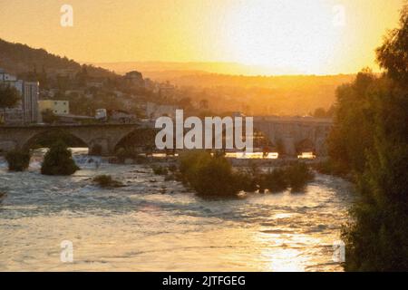 Vue sur le pont au coucher du soleil depuis la rivière Geksu à Silifke, Turquie Banque D'Images