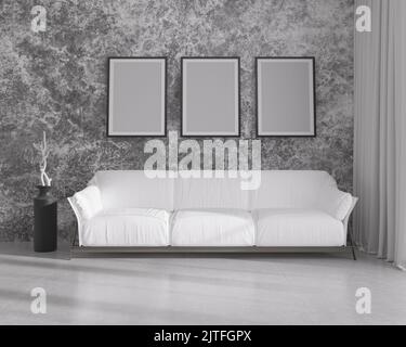 3d illustration. Intérieur minimaliste noir et blanc, intérieur de salon avec canapé, vases sur un sol, peintures sur un grand mur. Canapé blanc contre un Banque D'Images