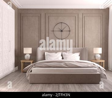 3d illustration. Chambre élégante aux couleurs pastel, moulures au mur, armoire blanche intégrée. 3d rendu Banque D'Images