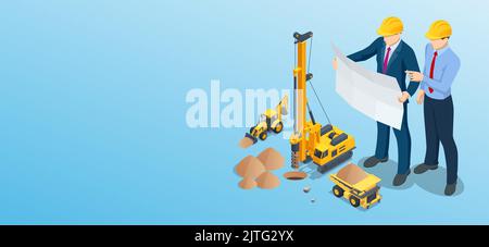 Perceuse isométrique, tracteur jaune avec pelle rétro et chargeuse, grand tombereau de carrière et constructeurs sur chantier en regardant le plan. Illustration de Vecteur