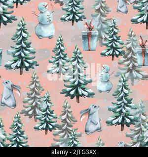 Motif hivernal sans couture sur fond rose avec arbres de Noël, lièvres, bonhommes de neige, cadeaux. Illustration aquarelle d'un grand ensemble d'HIVER CONFORTABLE. Pour Banque D'Images