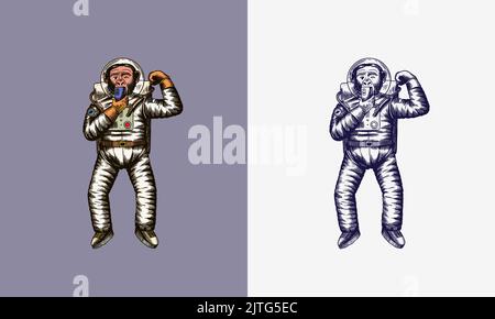 Monkey astronaute prend des selfies et joue avec des muscles. Chimpanzé cosmonaute cosmonaute. Animal à la mode. Gravé à la main Illustration de Vecteur