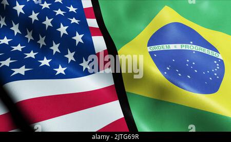 3D Waving United States of America and Brazil fusionne Flag Closeup View Banque D'Images