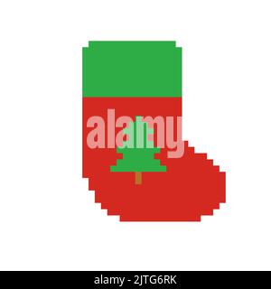 Pixel Noël Sock Vector icône pour les jeux. chaussette rouge 8 bits pour cadeaux Illustration de Vecteur