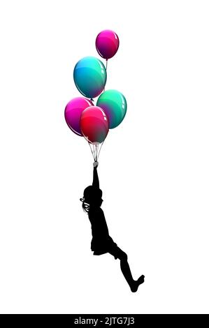 Silhouette d'une fille volant dans des ballons. Illustration vectorielle. Joyeux anniversaire. Illustration de Vecteur