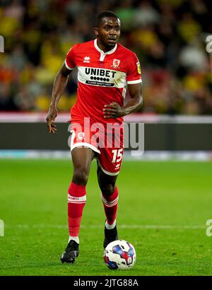 Anfernee Dijksteel de Middlesbrough en action pendant le match du championnat Sky Bet à Vicarage Road, Watford. Date de la photo: Mardi 30 août 2022. Banque D'Images