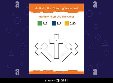 Multiplication de la feuille de calcul de coloriage avec l'image. Jeu de mathématiques couleur par chiffres Illustration de Vecteur