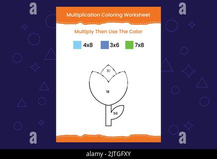 Multiplication de la feuille de calcul de coloriage avec l'image. Jeu de mathématiques couleur par chiffres Illustration de Vecteur