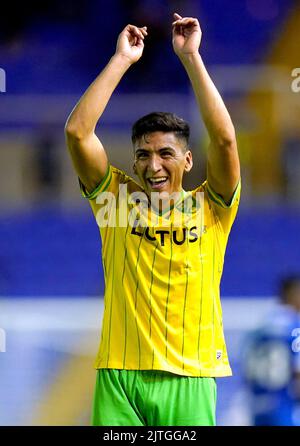 Marcelino Nunez de Norwich City célèbre à la fin du match du championnat Sky Bet à St. Andrew's, Birmingham. Date de la photo: Mardi 30 août 2022. Banque D'Images