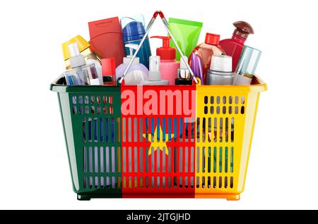 Panier avec drapeau camerounais plein de bouteilles cosmétiques, de produits pour les cheveux, le visage et les soins du corps. 3D rendu isolé sur fond blanc Banque D'Images