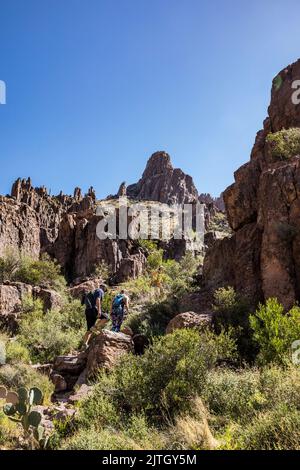 Les gens qui font de la randonnée à Siphon attirent dans le parc national Lost Dutchman, Arizona, États-Unis. Banque D'Images