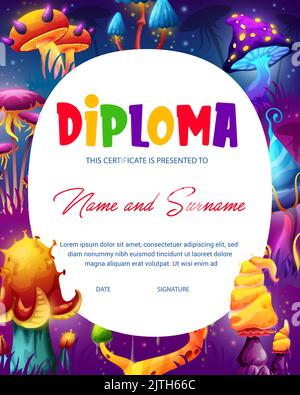 Enfants diplôme magie champignons de fées. Certificat d'éducation de l'école élémentaire avec des champignons luguimaux lumineux et fluorescents. Prix du concours pour enfants, modèle de vecteur de célébration de la remise des diplômes Illustration de Vecteur