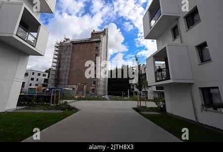 Oranienburg, Allemagne. 29th août 2022. L'ancien grenier d'Oranienburg est visible entre des immeubles d'appartements blancs récemment construits sur Louise-Henriette-Steg. L'échafaudage est d'environ 35 mètres de haut et se trouve sur la liste des monuments de l'état de Brandebourg. Après la destruction du premier grenier par un incendie majeur en 1916, le nouveau bâtiment a été érigé un an plus tard, l'un des premiers bâtiments en béton armé dans la région. Crédit : Soeren Stache/dpa/Alay Live News Banque D'Images