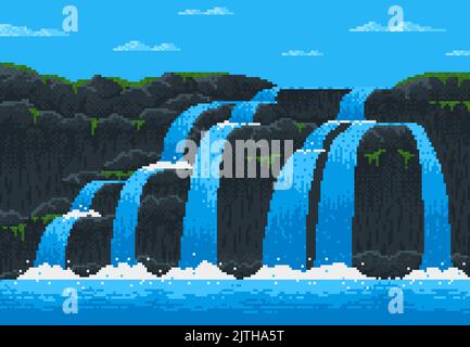 8 bit pixel jeu cascade paysage cascade pour le niveau de vidéo arcade, fond vectoriel. 8bit chute d'eau de roche de montagne à la mer ou à l'océan, île aventure pixel jeu dessin animé cascade paysage Illustration de Vecteur