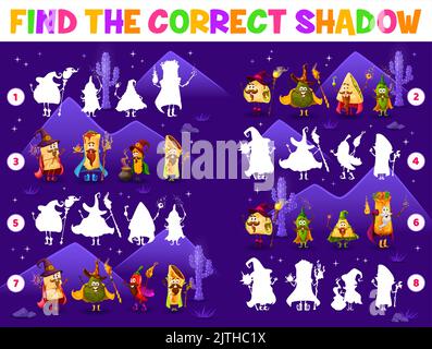 Shadow match jeu de dessin animé tex mex mexican Food Wizard personnages. Vector tacos, quesadilla et chimichanga, enchiladas, tamales ou burrito, churros, jalapeno, nachos et écluses d'avocat Illustration de Vecteur