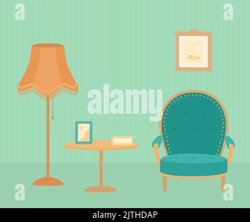 Fauteuil doux vert confortable, table basse et lampadaire Illustration de Vecteur