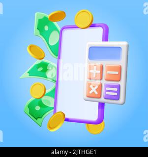 Smartphone 3D avec argent et calculatrice. Illustration de Vecteur