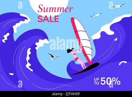 Une femme surfeuse fait le tour de la vague de précipitation barrée. Super Summer sale bannière colorée et lumineuse. Illustration Flat Art Banque D'Images