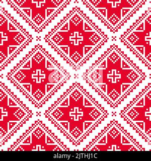 Motif ukrainien traditionnel folk sans couture brodé rouge sur fond blanc, décoration de style point de croix Illustration de Vecteur