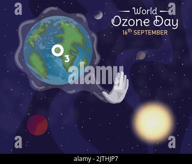 Illustration du vecteur de conception réaliste de la Journée mondiale de l'ozone. Motif de célébration et de sensibilisation 16 septembre. Fond horizontal de l'espace Galaxy Sun Earth Illustration de Vecteur