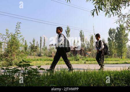 31 août 2022, Srinagar, Jammu-et-Cachemire, Inde: Un étudiant cachemiri sur une course d'école matinale marche le long du célèbre lac Dal du Cachemire vers une petite école sur 31 août 2022 à Srinagar. (Image de crédit : © Adil Abbas/ZUMA Press Wire) Banque D'Images