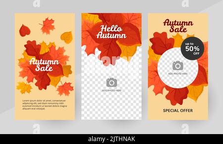 Modèle d'histoire automne des médias sociaux Hello, modèle de médias sociaux modifiable. Arrière-plan pour les médias sociaux vecteur de conception d'automne. Modèle d'articles verticaux. Illustration vectorielle. Motif feuilles. Illustration de Vecteur