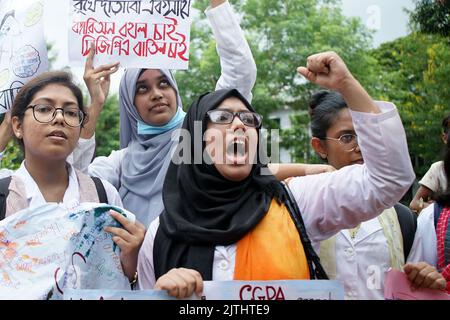 Sylhet, Sylhet, Bangladesh. 31st août 2022. Les étudiants de Sylhet M A G Osmani Medical College ont organisé une marche de protestation sur le campus de l'université exigeant le maintien et la fermeture de l'ACMG. (Image de crédit : © MD Akbar Ali/ZUMA Press Wire) Banque D'Images