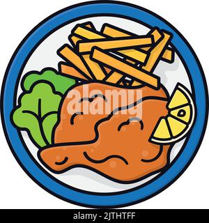 Wiener Schnitzel et frites sur une plaque illustration vectorielle isolée, style de contour plein, vue de dessus Illustration de Vecteur